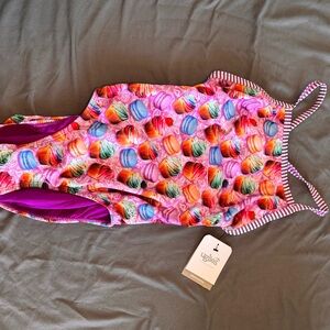 Kids Macaron Print One Piece Swimsuit - Pink and Purple